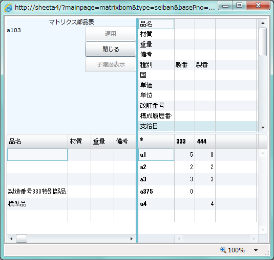 マトリクス表示－マトリクス部品表